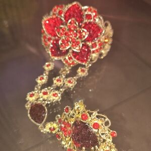 Elegant Red and Gold Slave Floral Bracelet And Ring.